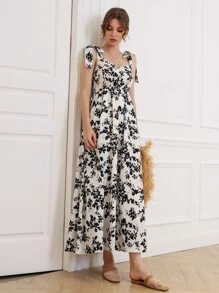 Mulvari Đầm Thắt nút Dải chun Hoa Boho - Đen và trắng - Xem 4