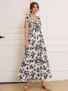 Mulvari Đầm Thắt nút Dải chun Hoa Boho - Đen và trắng - Xem 5