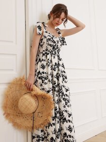 Mulvari Đầm Thắt nút Dải chun Hoa Boho - Đen và trắng - Xem 6