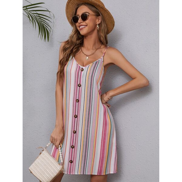 

Striped Button Front Cami Dress, Multicolor