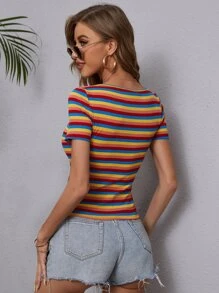 SHEIN Essnce 條紋圖案羊腿袖大圓領T恤 - 彩色 - 查看 2