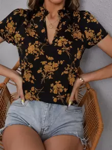 SHEIN Clasi Floral Print Notch Neck Blouse - Multicolor - View 1