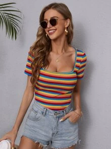 SHEIN Essnce 條紋圖案羊腿袖大圓領T恤 - 彩色 - 查看 5