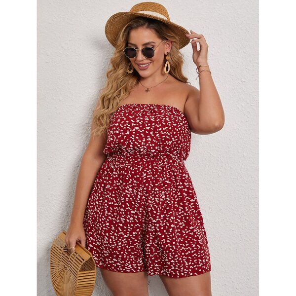 

Plus Allover Print Tube Romper, Red