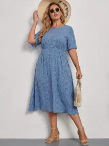 SHEIN Clasi Plus All Over Print A-line Dress - Blue - View 3