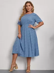 SHEIN Clasi Plus All Over Print A-line Dress - Blue - View 5