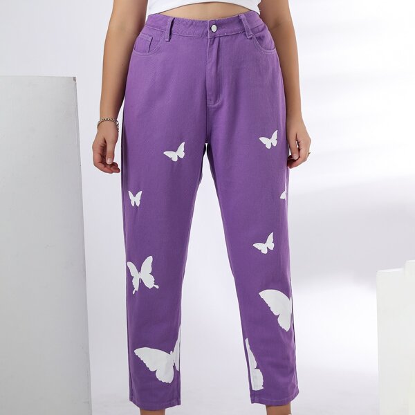 

Plus Butterfly Print Mom Jeans, Purple