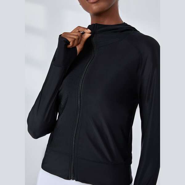 

Absorbs Sweat Anti-UV Thumb Holes Hooded Sports Jacket, Black