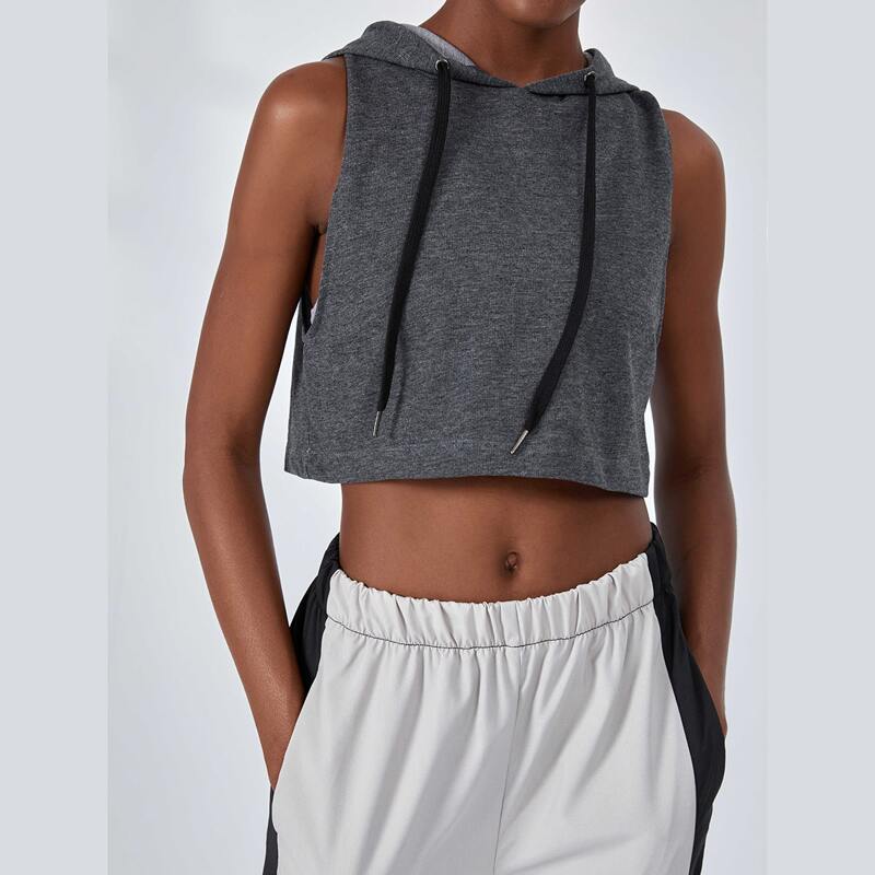

Drawstring Front Sleeveless Hooded Sports Sweatshirt, Dark grey