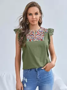 SHEIN Notch Neck Embroidery Yoke Pompom Detail Ruffle Armhole Top - Army Green - View 1