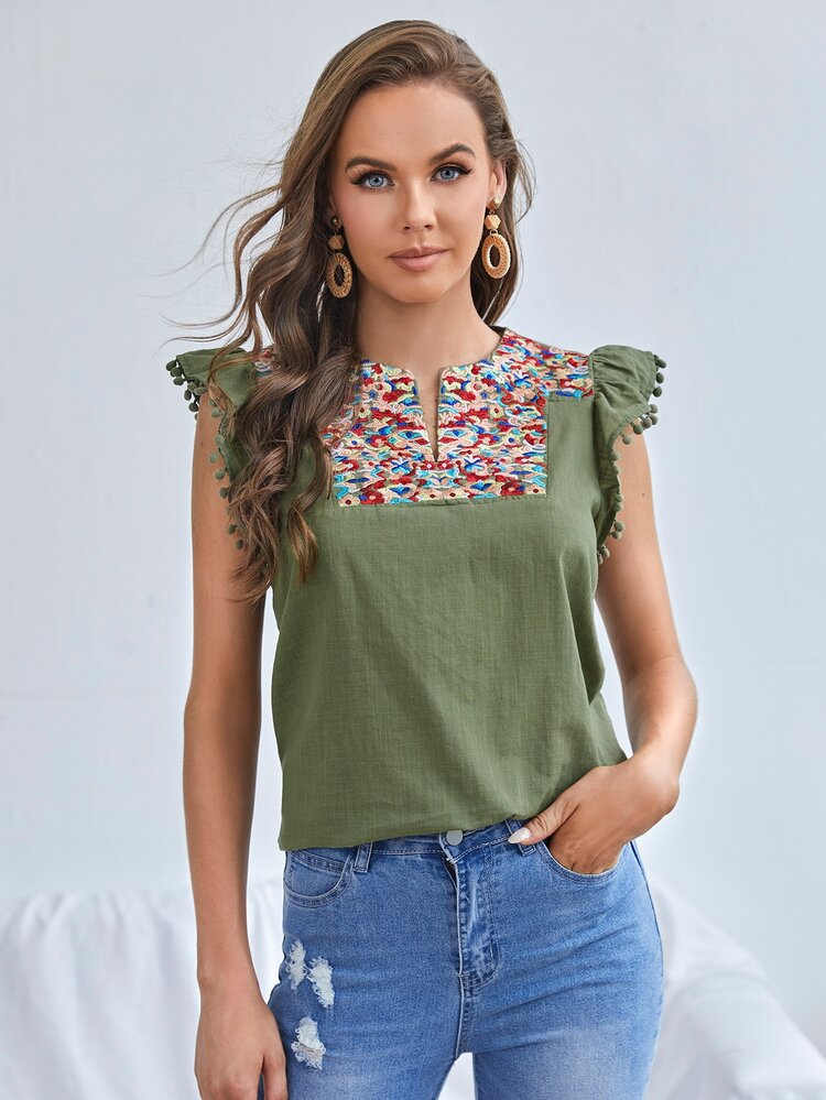 SHEIN Notch Neck Embroidery Yoke Pompom Detail Ruffle Armhole Top - Army Green - View 1