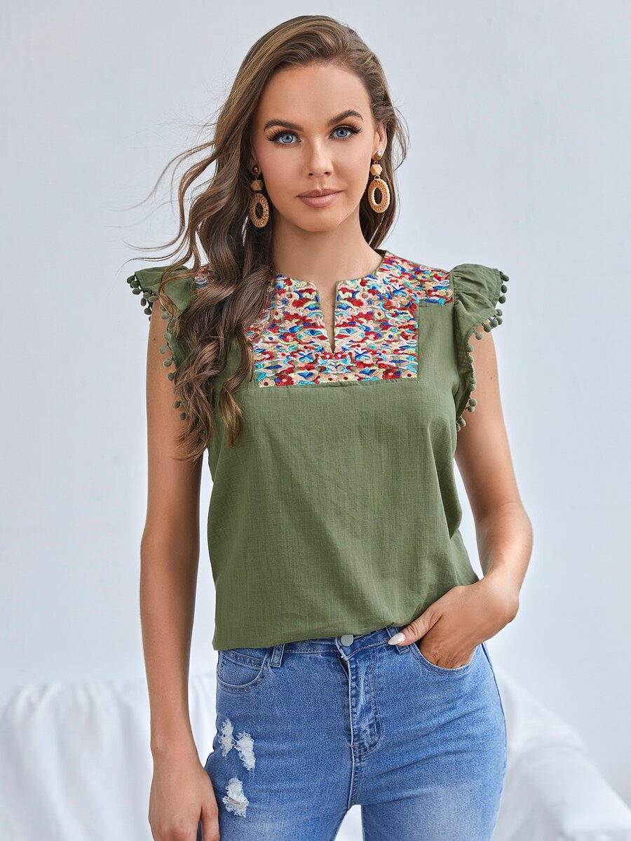 SHEIN Notch Neck Embroidery Yoke Pompom Detail Ruffle Armhole Top - Army Green - View 1