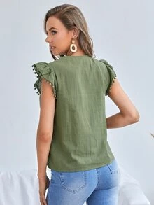 SHEIN Notch Neck Embroidery Yoke Pompom Detail Ruffle Armhole Top - Army Green - View 2