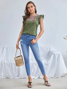 SHEIN Notch Neck Embroidery Yoke Pompom Detail Ruffle Armhole Top - Army Green - View 3