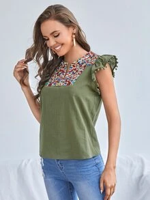 SHEIN Notch Neck Embroidery Yoke Pompom Detail Ruffle Armhole Top - Army Green - View 4