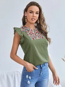SHEIN Notch Neck Embroidery Yoke Pompom Detail Ruffle Armhole Top - Army Green - View 5