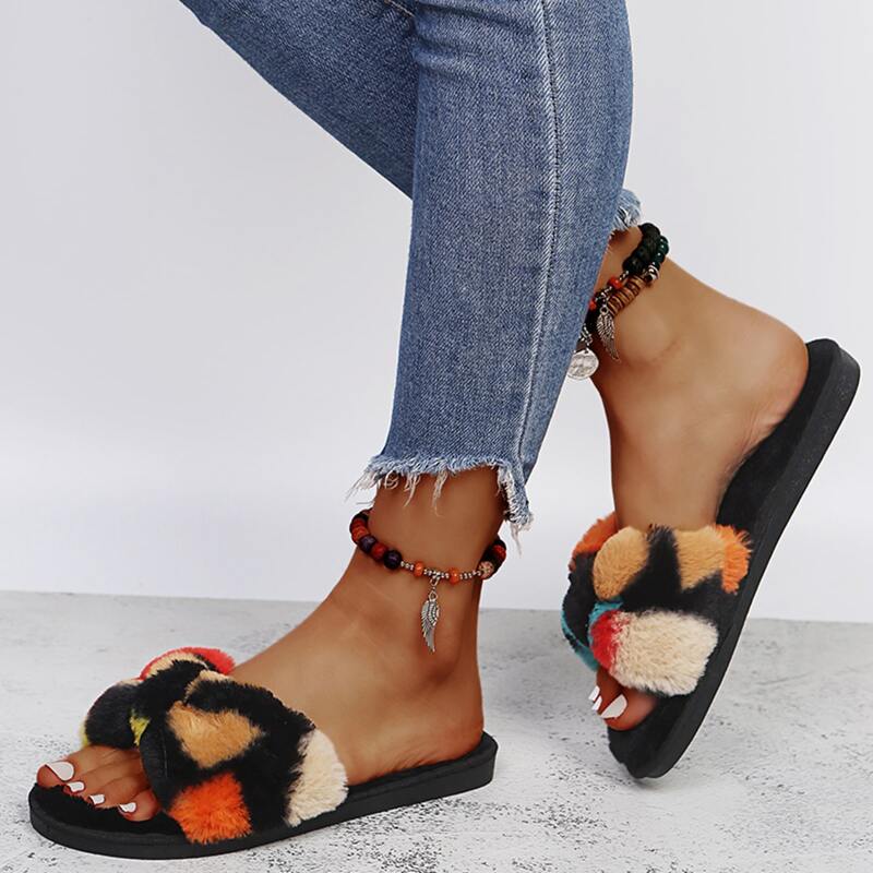 

Fluffy Flat Slippers, Black