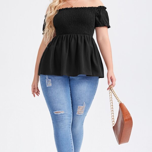 

Plus Solid Off The Shoulder Shirred Peplum Blouse, Black