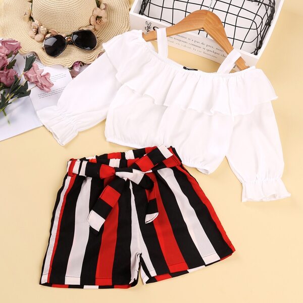 

Toddler Girls Cold Shoulder Flounce Trim Blouse & Striped Belted Shorts, Multicolor
