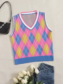 SHEIN V-neck Argyle Sweater Vest - Multicolor - View 1
