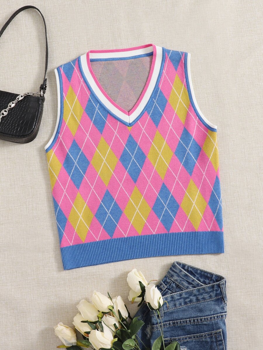 SHEIN V-neck Argyle Sweater Vest - Multicolor - View 1