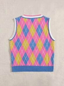 SHEIN V-neck Argyle Sweater Vest - Multicolor - View 2