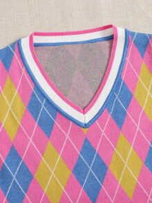 SHEIN V-neck Argyle Sweater Vest - Multicolor - View 3