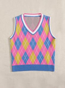 SHEIN V-neck Argyle Sweater Vest - Multicolor - View 5