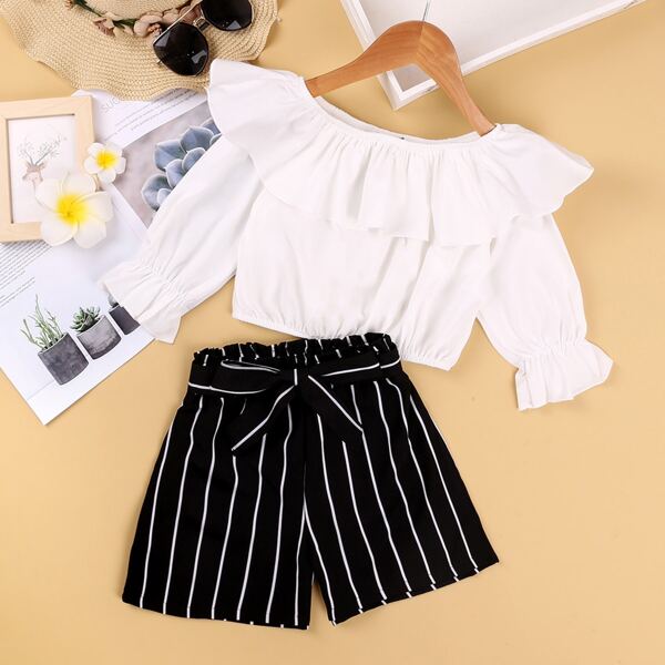 

Girls Flounce Trim Bardot Blouse & Striped Belted Shorts, Black and white