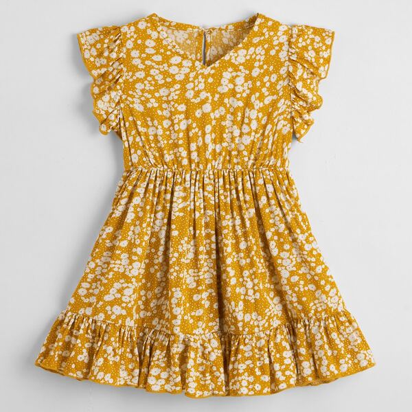 

Toddler Girls Ditsy Floral Ruffle Trim Dress, Yellow