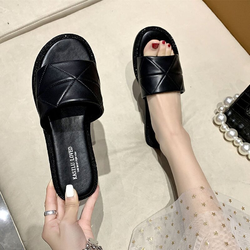 

Stitch Detail Slide Sandals, Black