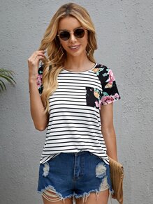 SHEIN LUNE Raglan Sleeve Floral & Striped Print Tee - Black and White - View 3