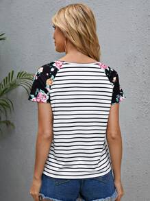 SHEIN LUNE Raglan Sleeve Floral & Striped Print Tee - Black and White - View 2