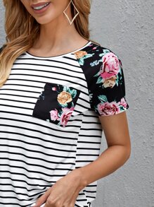 SHEIN LUNE Raglan Sleeve Floral & Striped Print Tee - Black and White - View 5