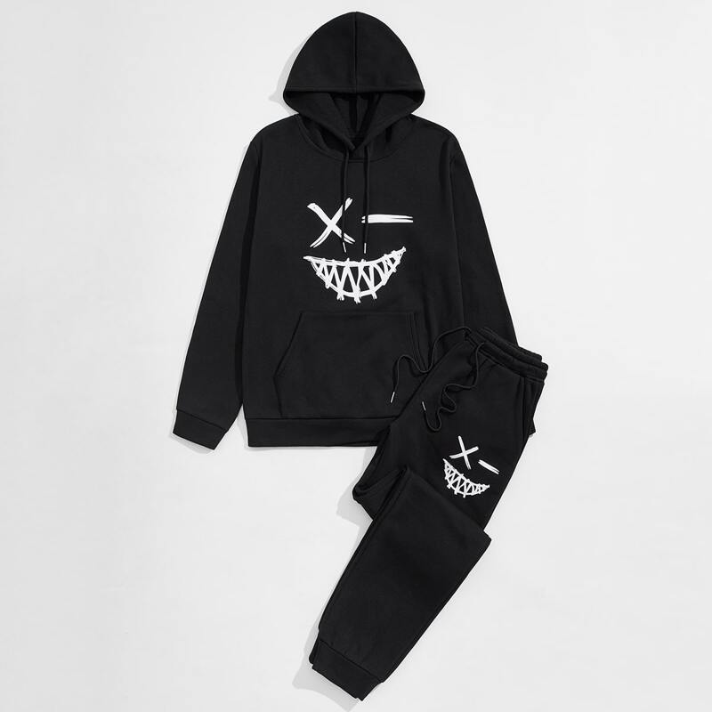 

Guys Cartoon Graphic Drawstring Hoodie & Sweatpants, Black