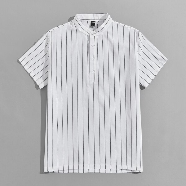 

Men Striped Half Button Placket Shirt, White