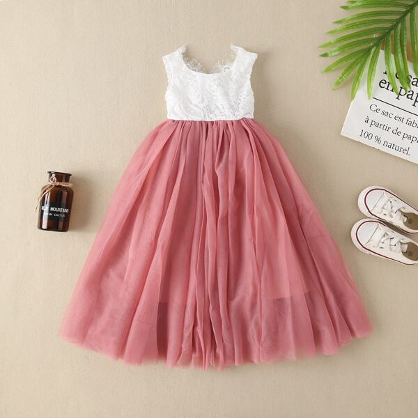 

Toddler Girls Contrast Lace Bodice Gown Dress, Red and white