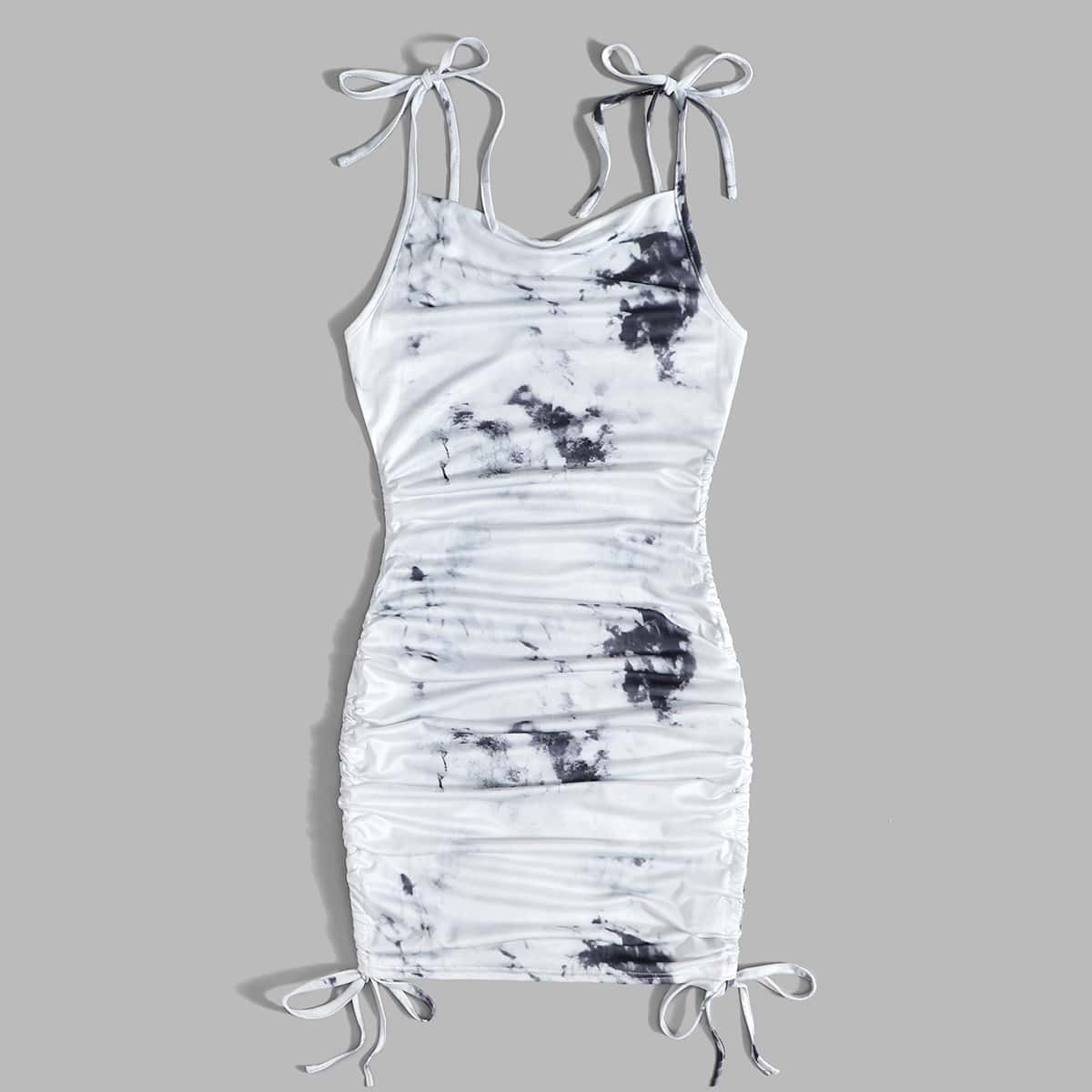 Tie Dye Drawstring Ruched Dress, Black and white