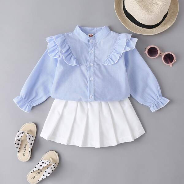 

Toddler Girls Striped Print Ruffle Trim Blouse With Pleated Skirt, Blue and white