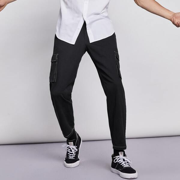 

Men Flap Pocket Drawstring Waist Pants, Black