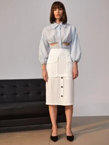 Váy Túi Dây kéo Nút phía trước màu trơn Thanh lịch - trắng - Xem 1