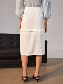 Váy Túi Dây kéo Nút phía trước màu trơn Thanh lịch - trắng - Xem 2