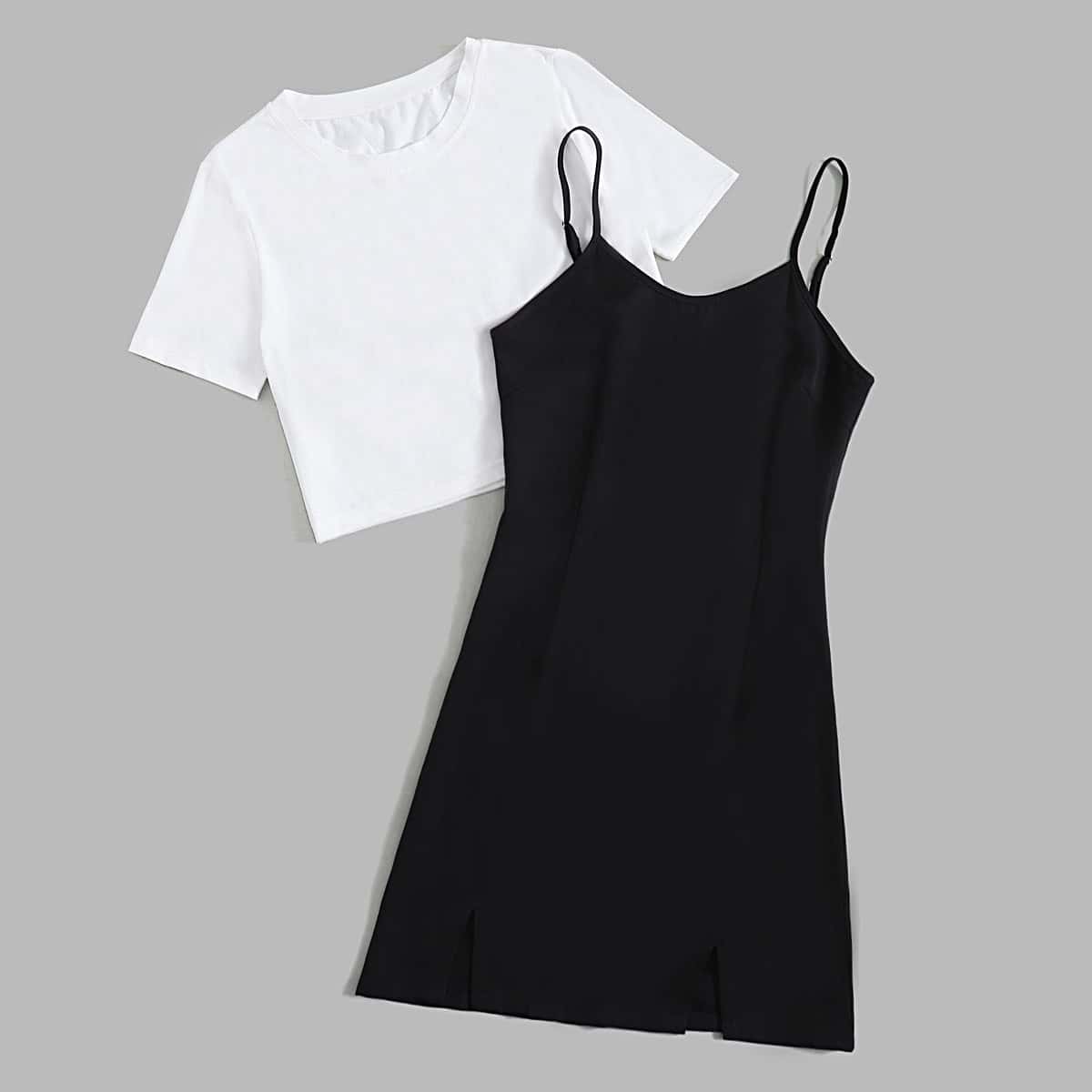 

Solid Crop Tee & Cami Dress, Black and white