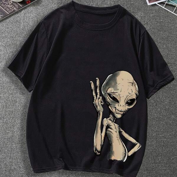 

Men Alien Print Short Sleeve Tee, Black