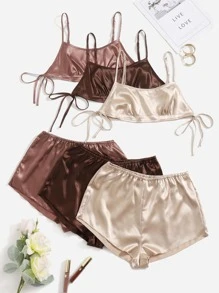 3入組側繫帶緞面吊帶睡衣套裝 - 彩色 - 查看 1