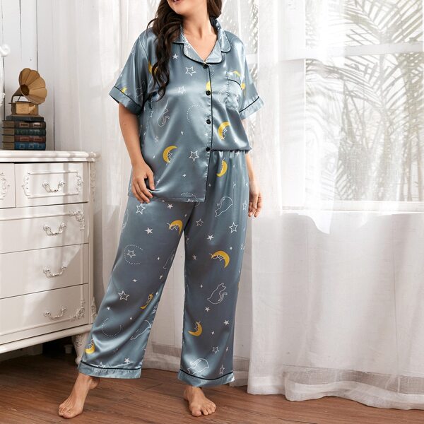

Plus Galaxy Print Satin Pajama Set, Baby blue