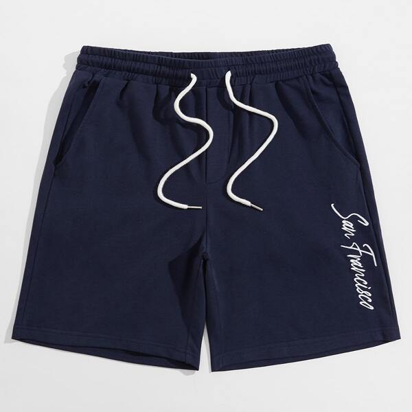 

Men Letter Embroidery Drawstring Waist Shorts, Navy blue