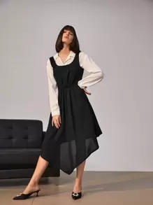 SHEIN Unity Solid Zip Back Asymmetrical Hem Dress Without Blouse - Black - View 4