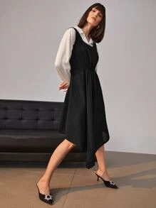 SHEIN Unity Solid Zip Back Asymmetrical Hem Dress Without Blouse - Black - View 6