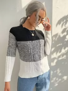 SHEIN LUNE Jersey de color combinado tejido de cable